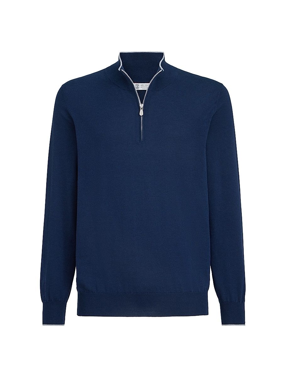 Men's Sea Island Cotton and Cashmere Lightweight Sweater with Half Zip - Avio Blue - Size 48