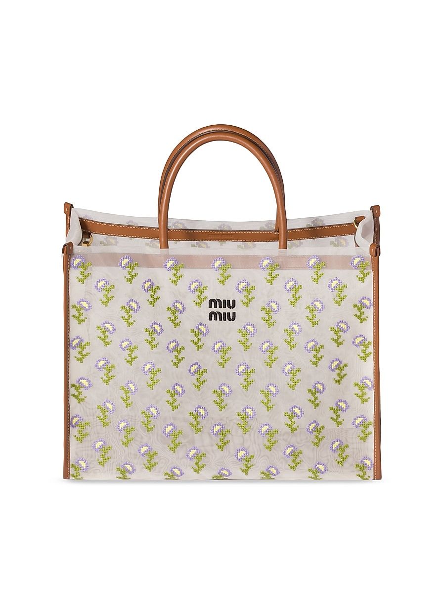 Women's Embroidered Mesh Shopping Bag - White Brown