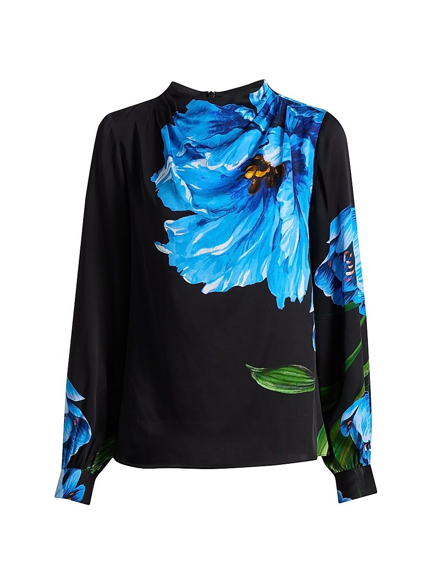Women's The Ember Floral Stretch-Silk Blouse - Noir With Indigo Floral - Size Medium
