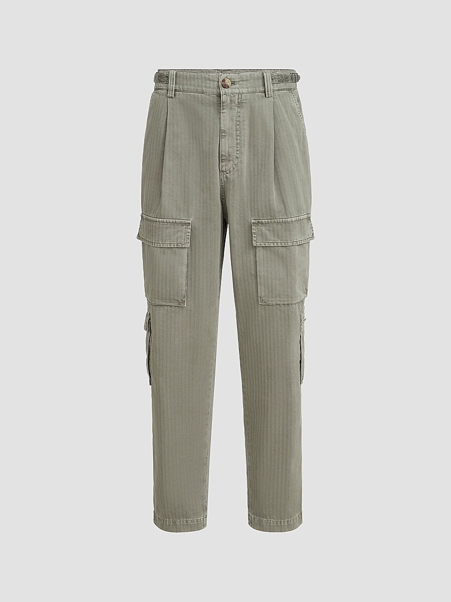 Men's Cotton Chevron Trousers with Cargo Pockets and Waist Tabs - Military - Size 44
