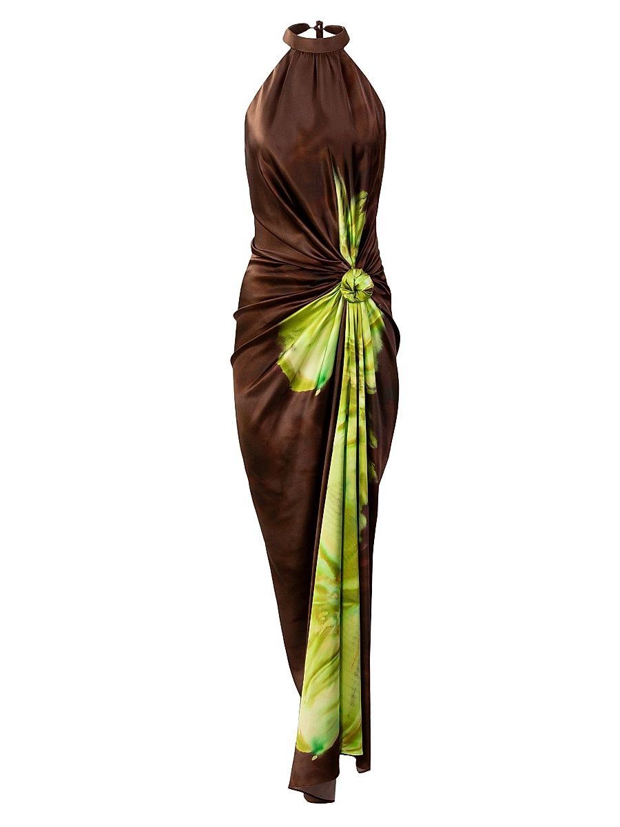 Women's Tizziana Knotted Stretch-Silk Maxi Dress - Green Flower - Size Large