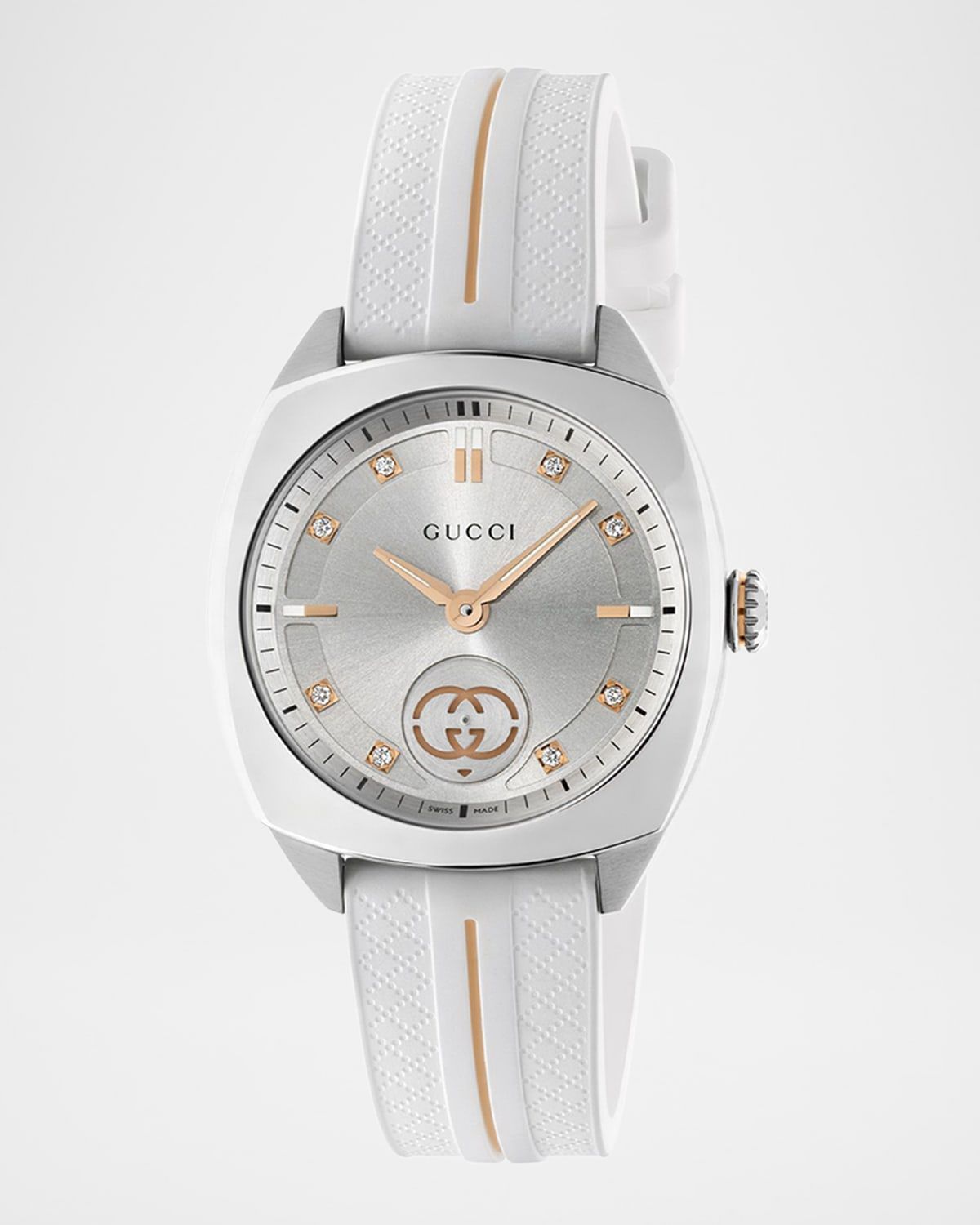 29mm Gucci Interlocking Diamond Watch with Rubber Strap, White