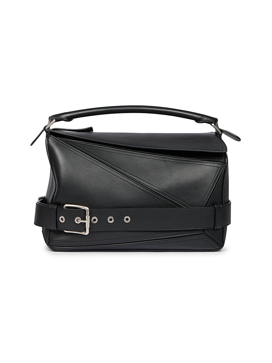 Men's Large Puzzle Leather Biker Bag - Black