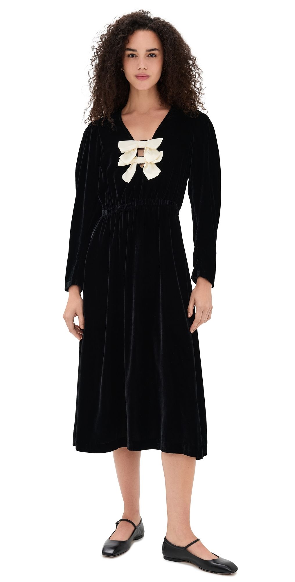 Sea Seraphine Velvet Long Sleeve Midi Dress Black S