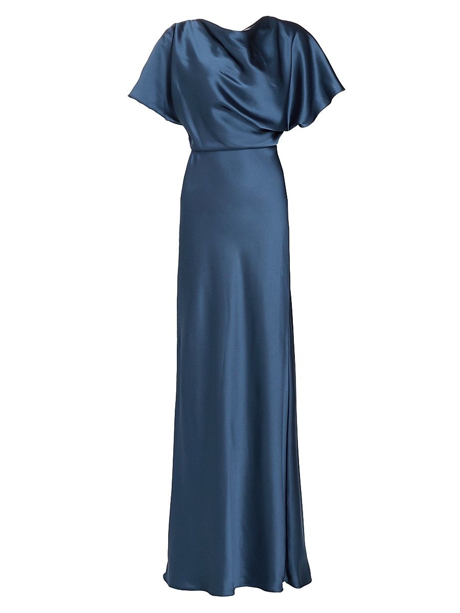 Women's Draped Satin Gown - French Blue - Size 14