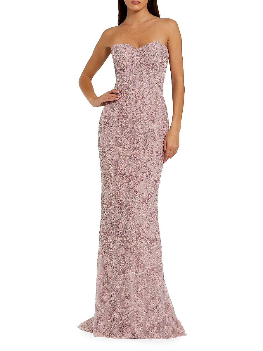 Women's Embellished Floral Lace Strapless Gown - Rose - Size 14