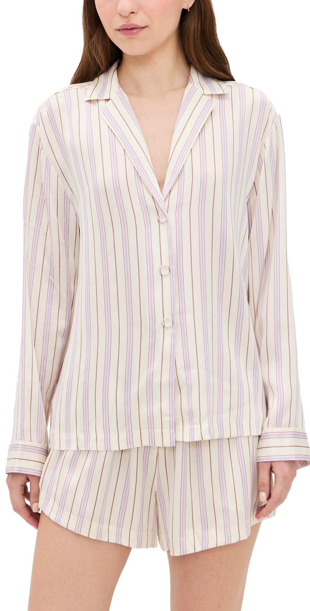Lunya Washable Silk Button Up Short Set Wisteria Stripe M