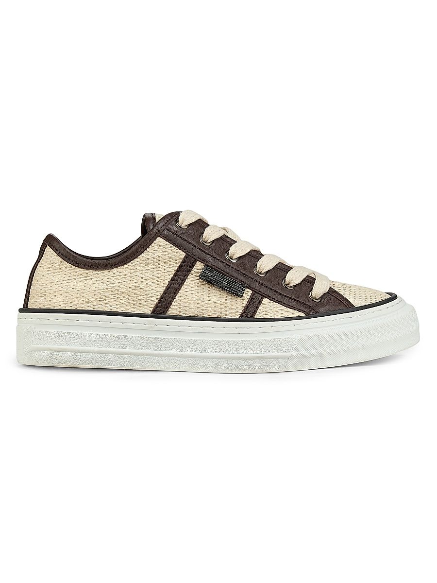 Women's Micro Leather-Trim Raffia Low-Top Sneakers - Rope - Size 10