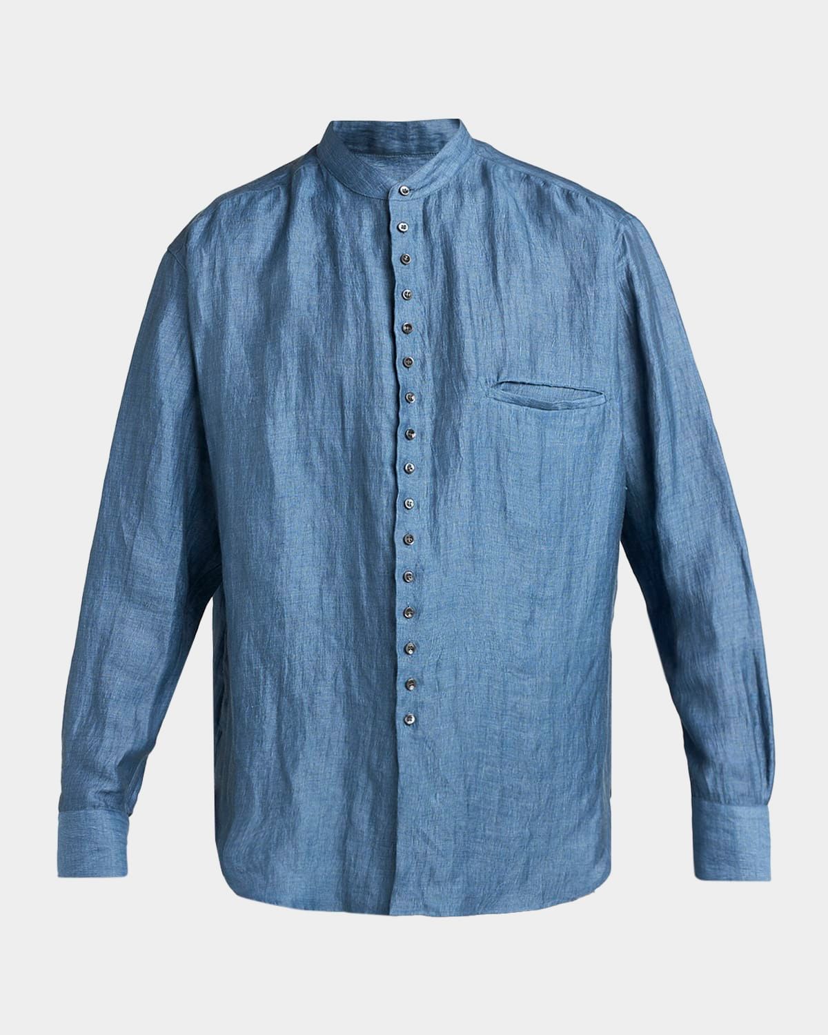 Men & apos;s Linen and Nylon Band Collar Button-Down Shirt