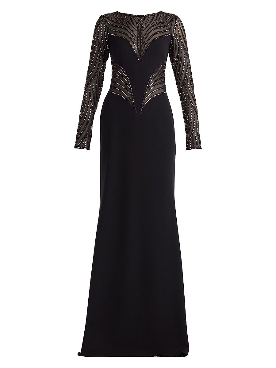 Women's Sequin-Embellished Long-Sleeve Crepe Gown - Black Silver - Size 4