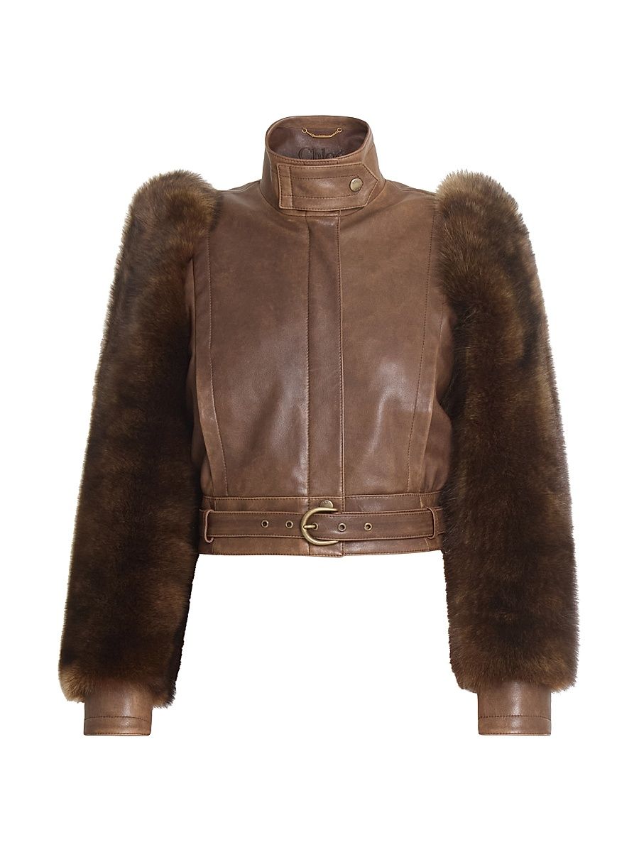 Women's Leather & Shearling Sleeve Jacket - Bourbon Brown - Size 8