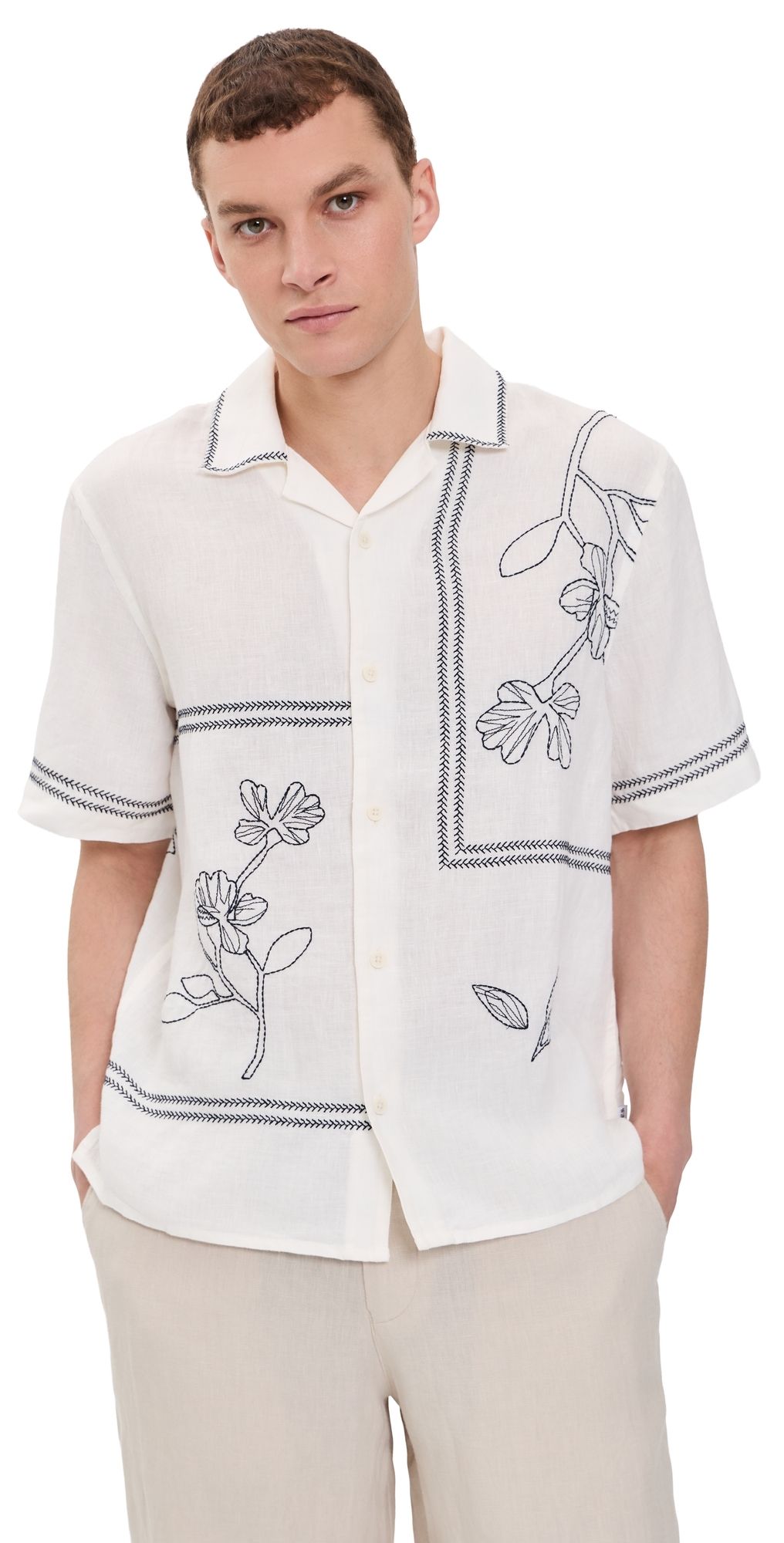 Wax London Didcot Linen Grid Flower Shirt Ecru/Navy XL
