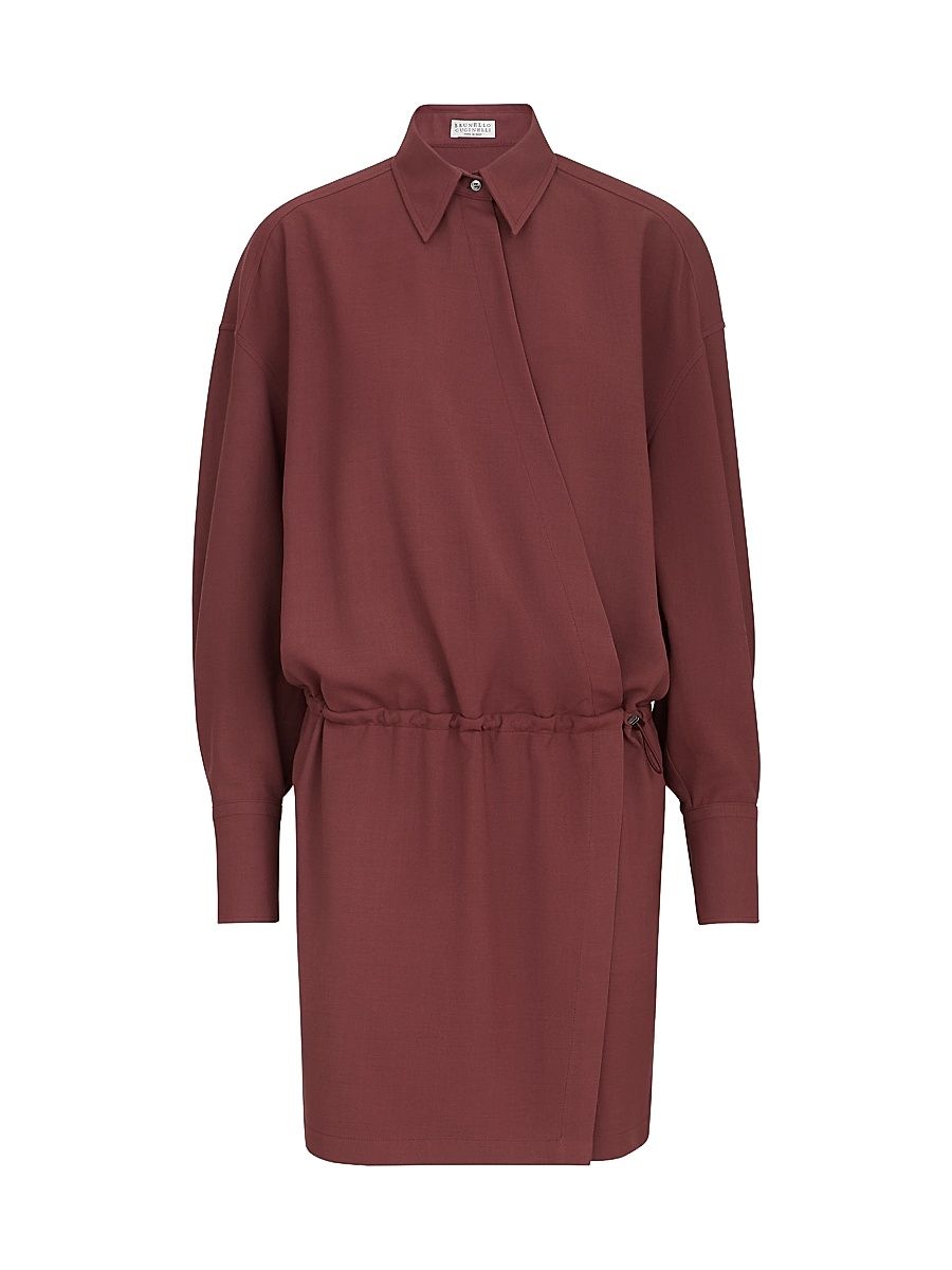 Women's Virgin Wool Fluid Twill Shirt Dress with Monili - Wine - Size XXXXL