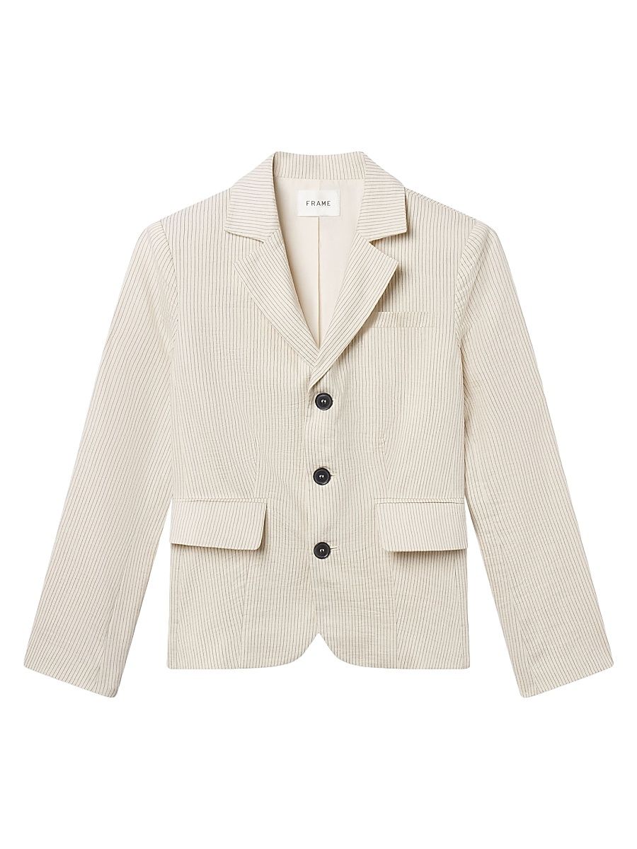 Women's Striped Cotton/Linen-Blend Single-Breasted Blazer - Ecru Multi - Size 12
