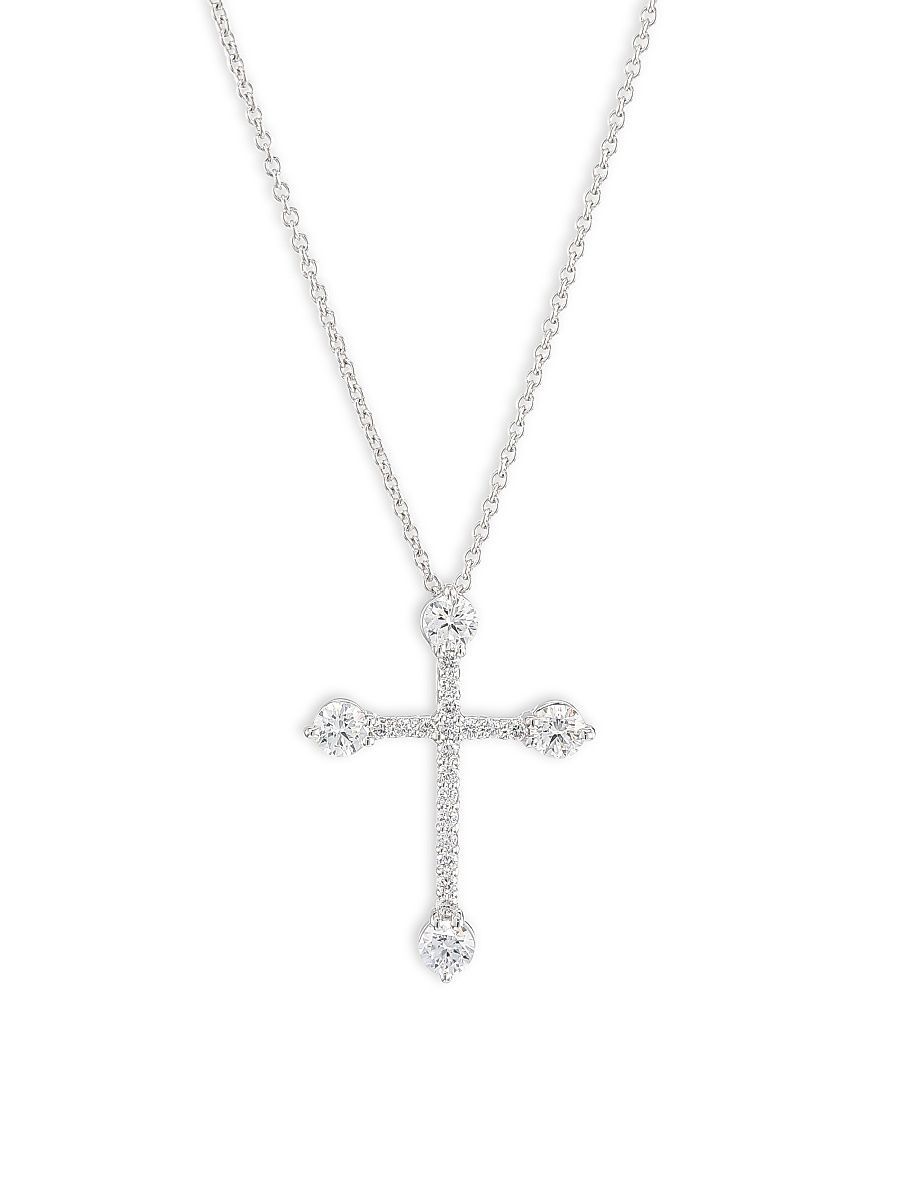 Women's 18K White Gold Diamond Cross Pendant Necklace - White Gold