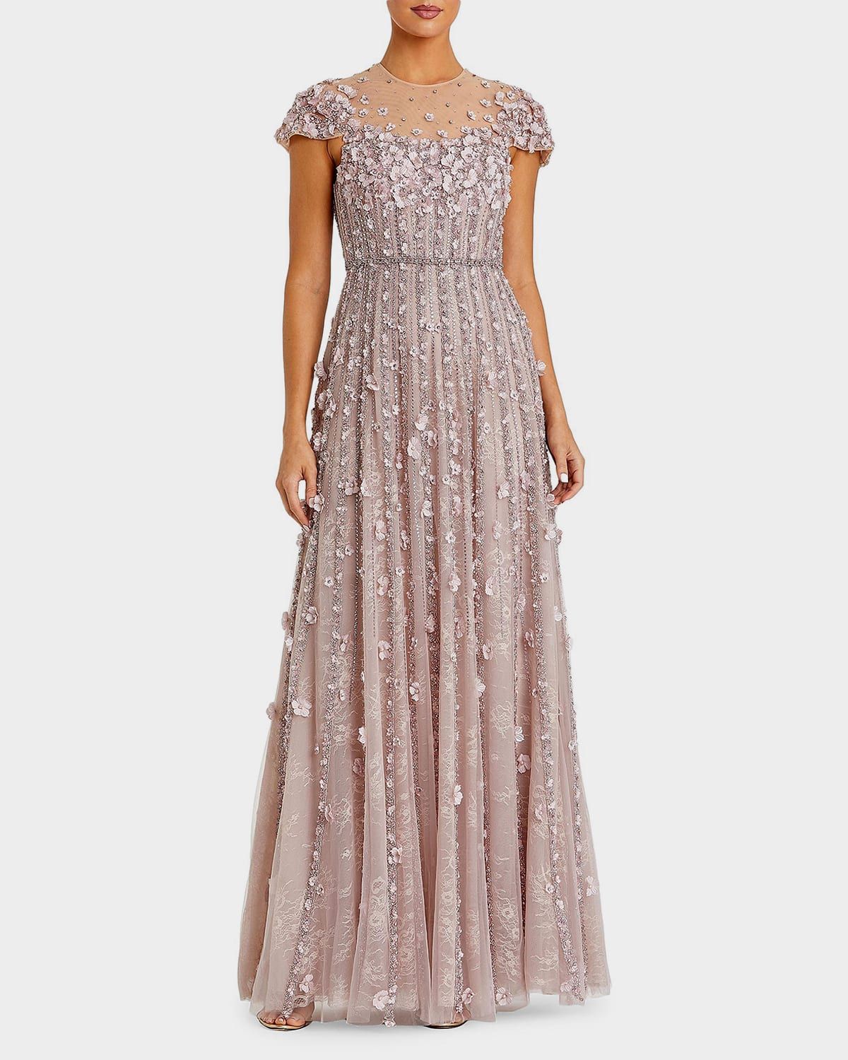Embellished Illusion-Neck Mesh Evening Gown