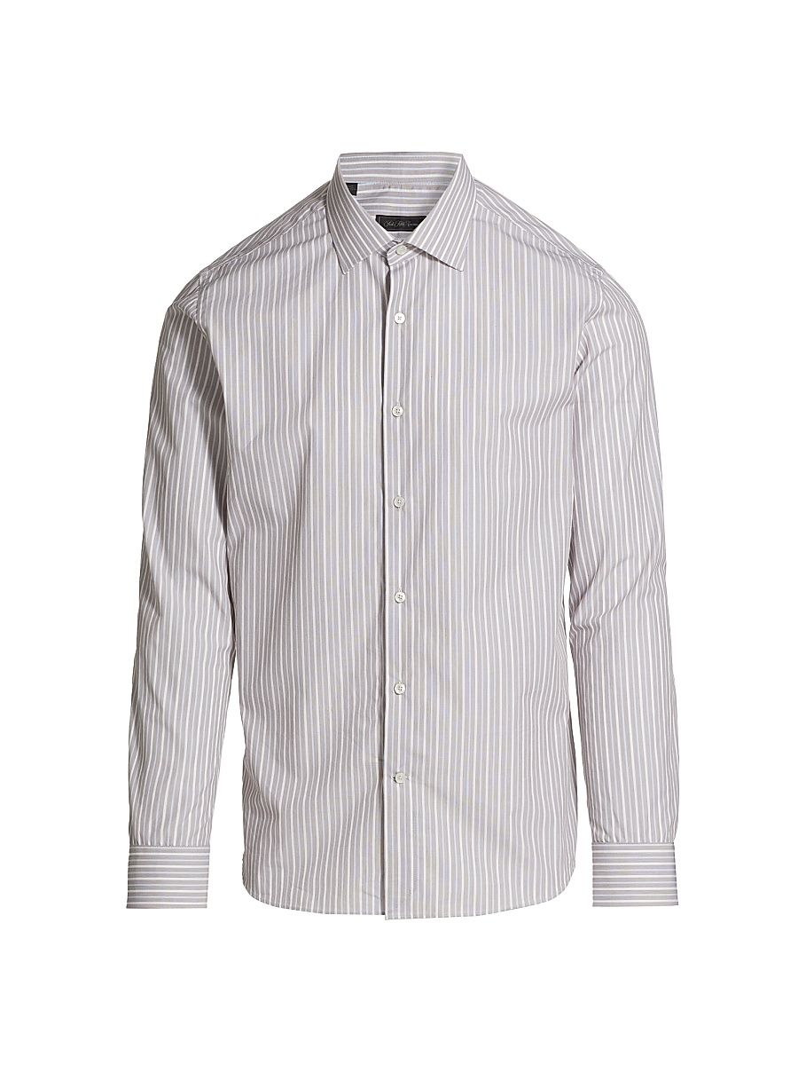 Men's COLLECTION Striped Cotton Button-Front Shirt - Cream - Size 18