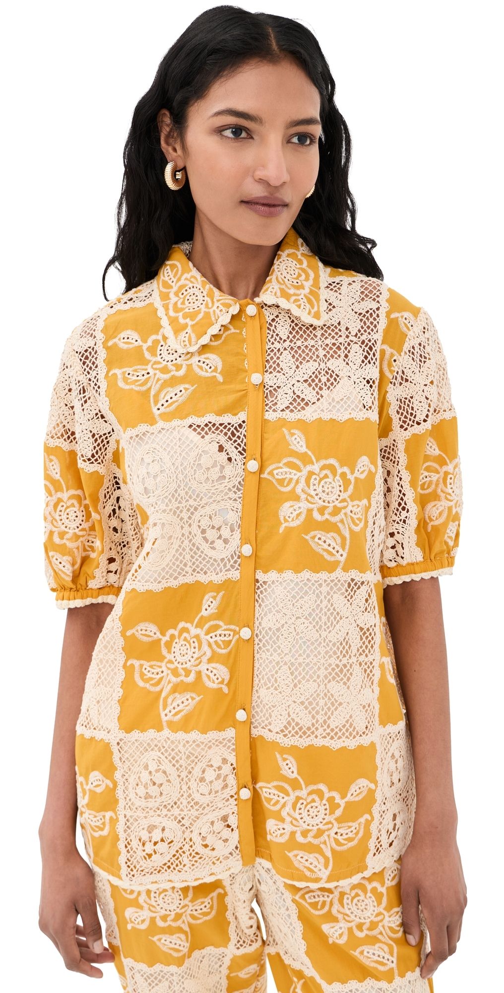 FARM Rio Lace Short Sleeve Shirt Off-White M