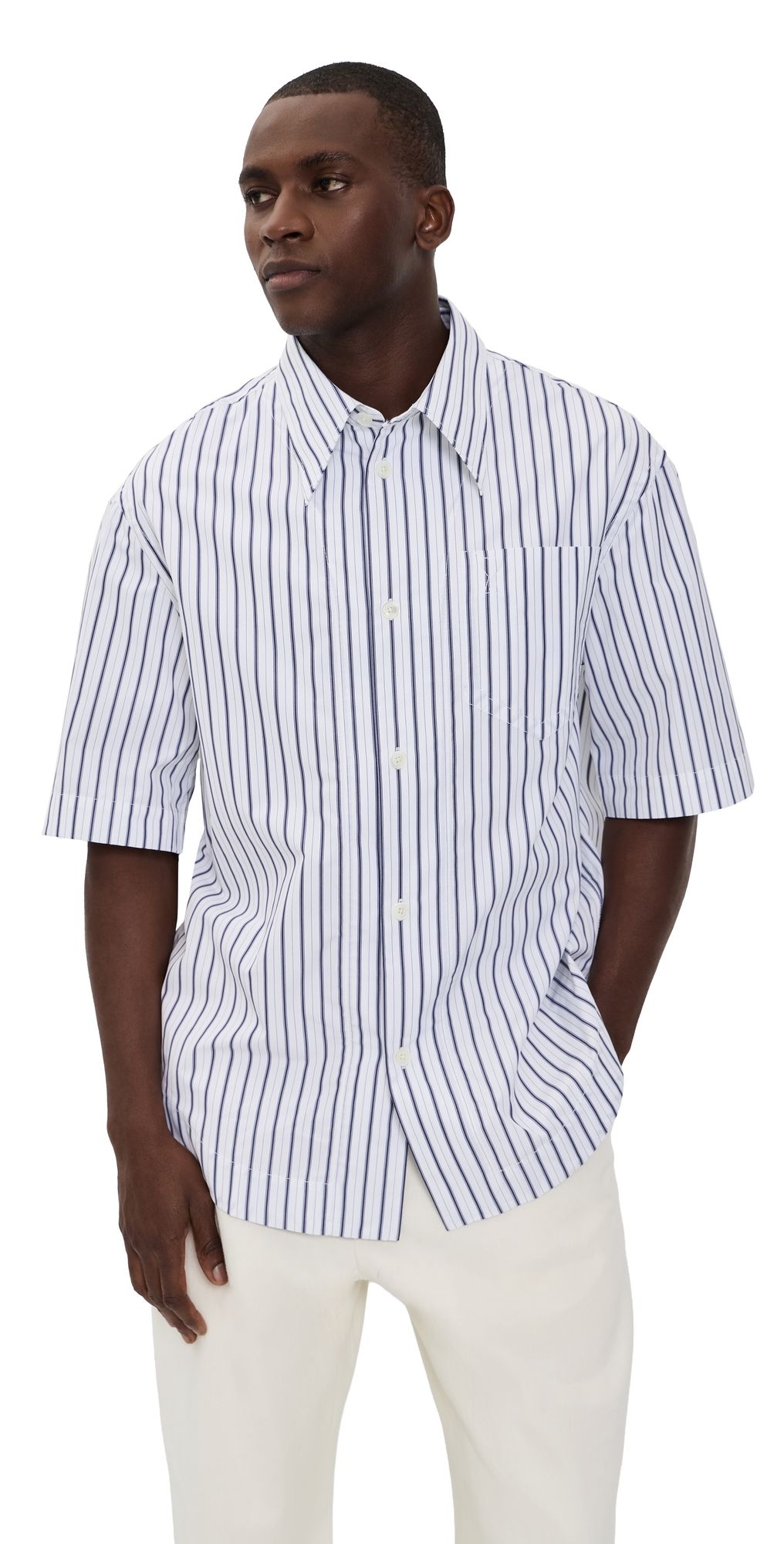 AMI Striped Camp Collar Shirt Blanc/Encre L