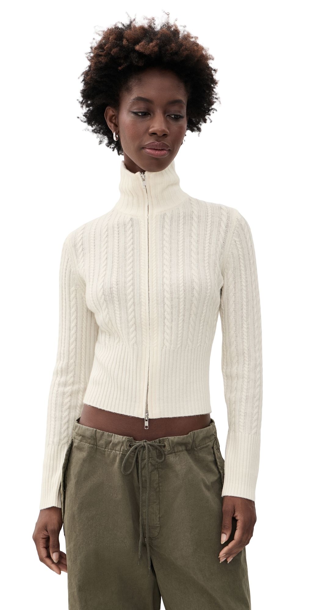 Good American The Cable Zip Up Cardigan Chalk M