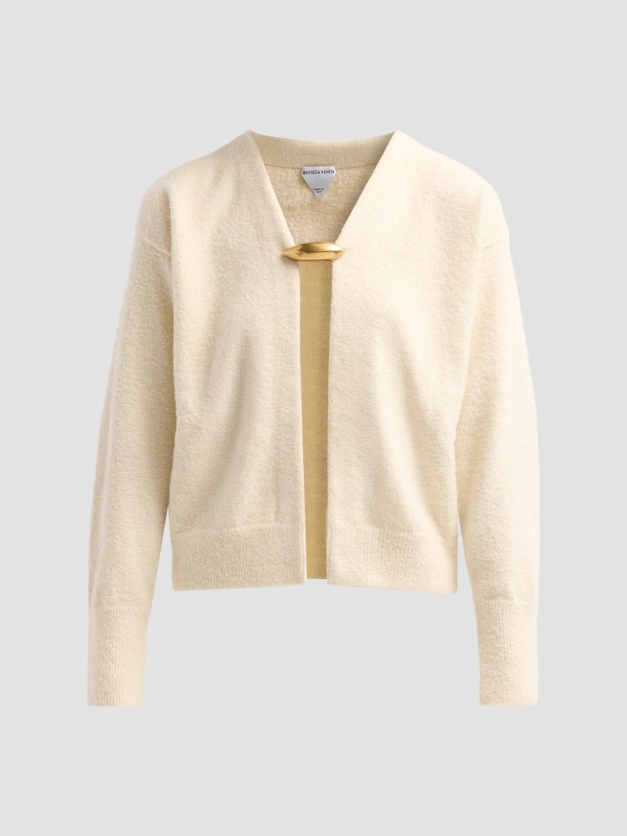 Bottega Veneta Women's Pebble Brooch Cashmere-Silk Bouclé Cardigan - Parchment - Size XL
