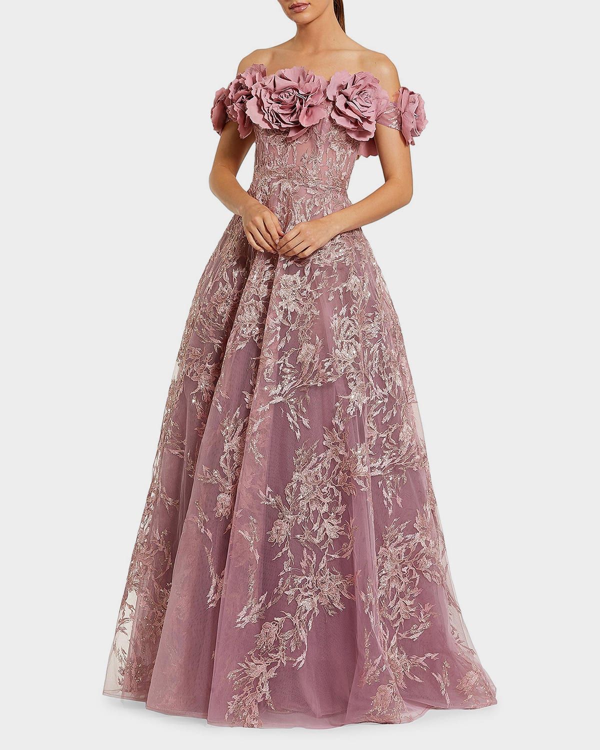 Sequin-Embroidered Off-the-Shoulder A-Line Gown