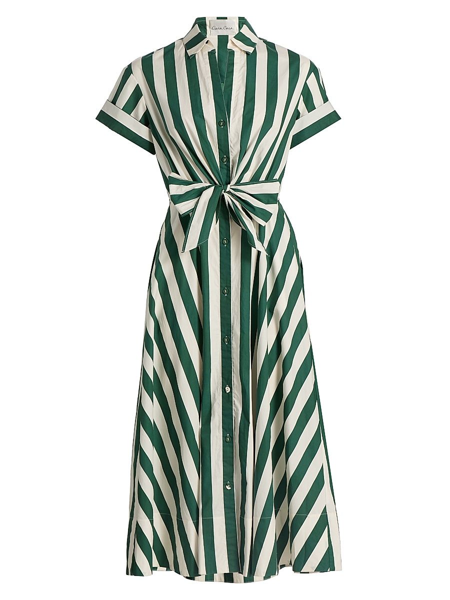 Women's Asbury Striped Cotton Poplin Midi-Shirtdress - Green White Stripe - Size Large