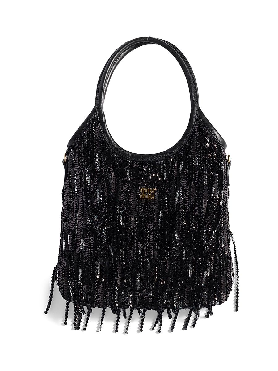 Women's Ivy Satin Top Handle Handbag with Crystal and Sequin Fringe - Black