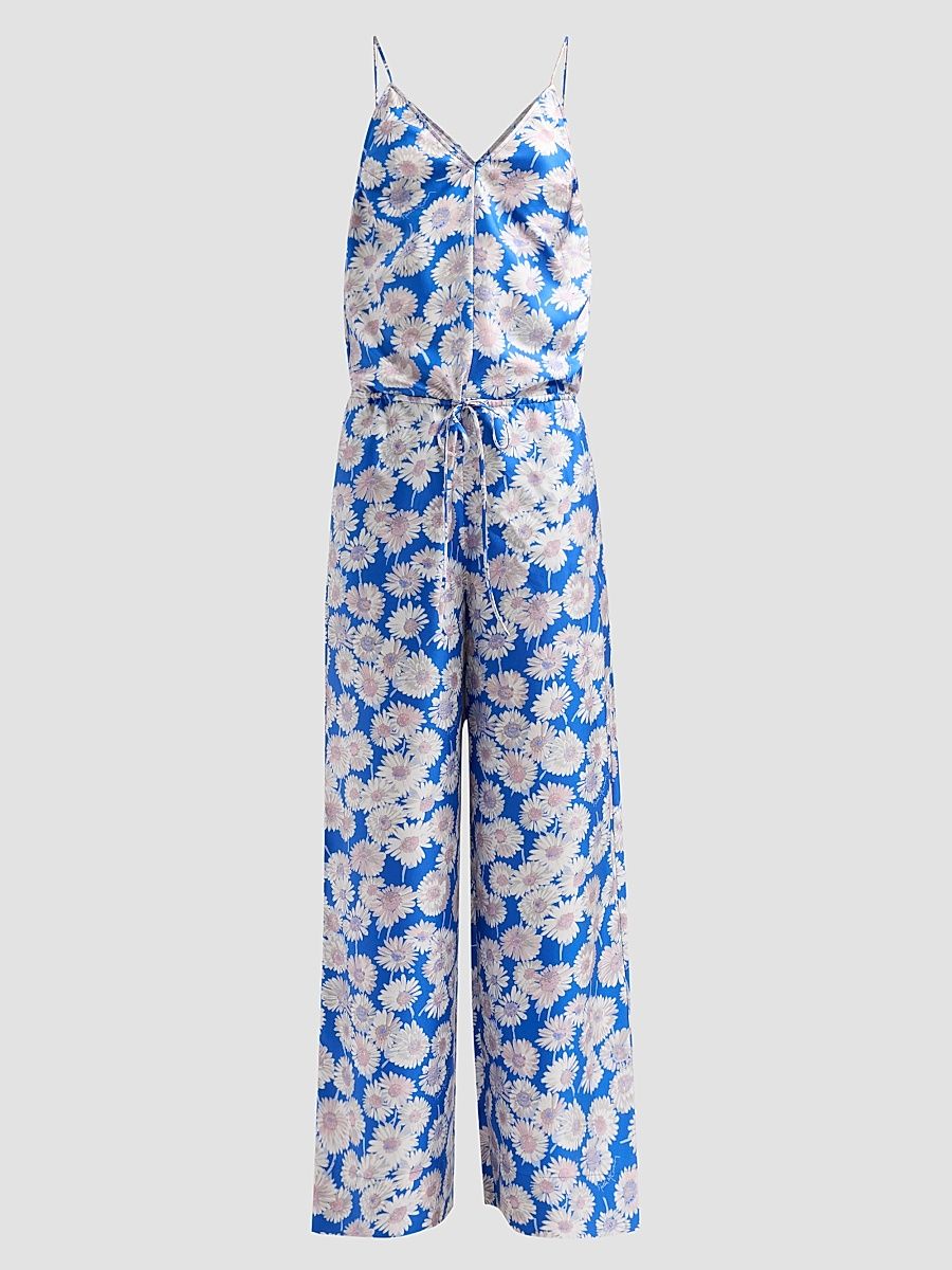Women's Daisy-Print Silk Jumpsuit - Cobalt - Size 12