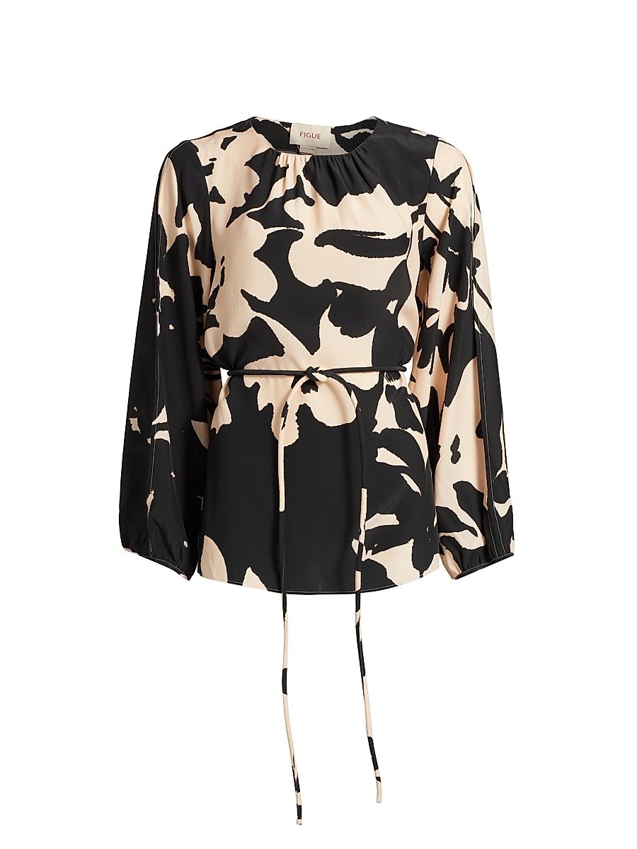 Women's Kasey Floral Silk Tie-Waist Tunic - Enchanted Garden Sahara Sand - Size Medium