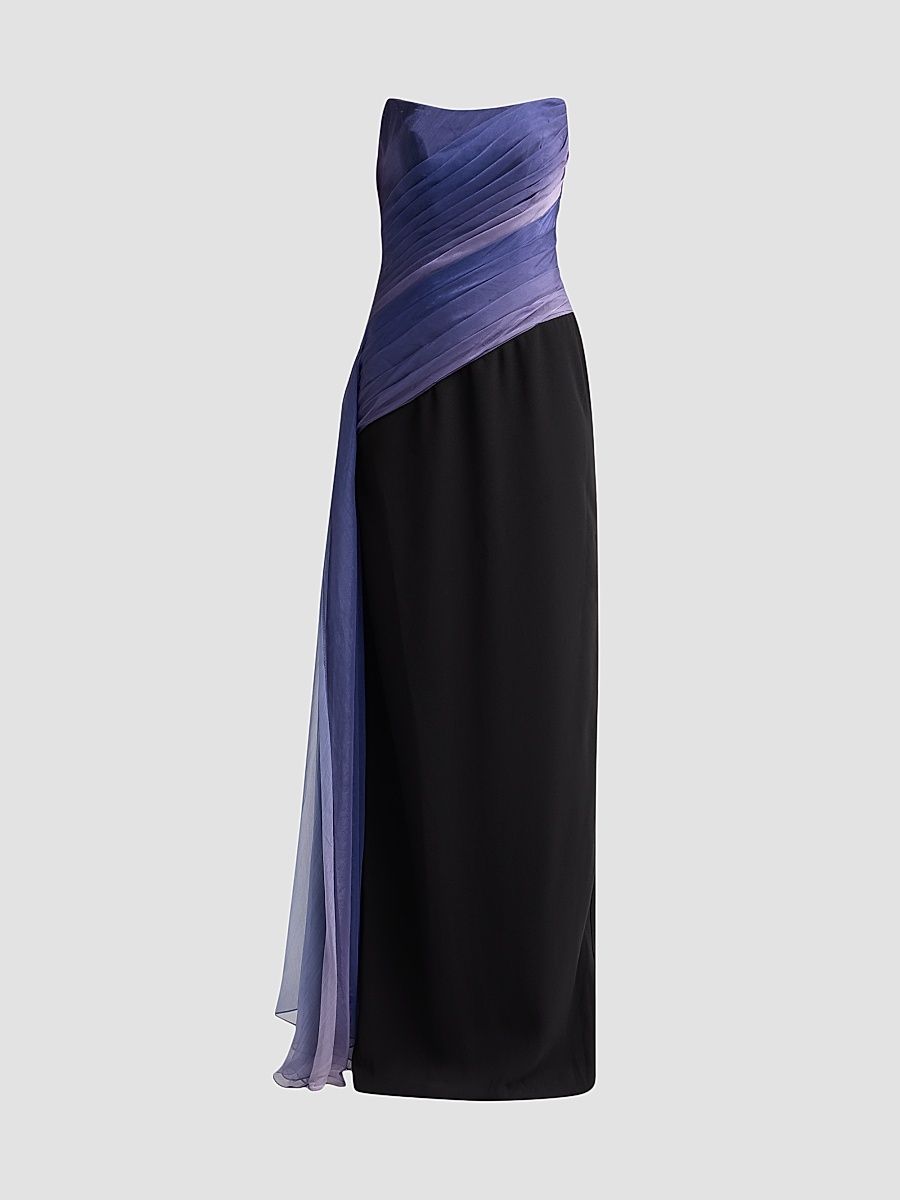 Women's Crêpe & Ombré Chiffon Column Gown - Blue Ombre Black - Size 0