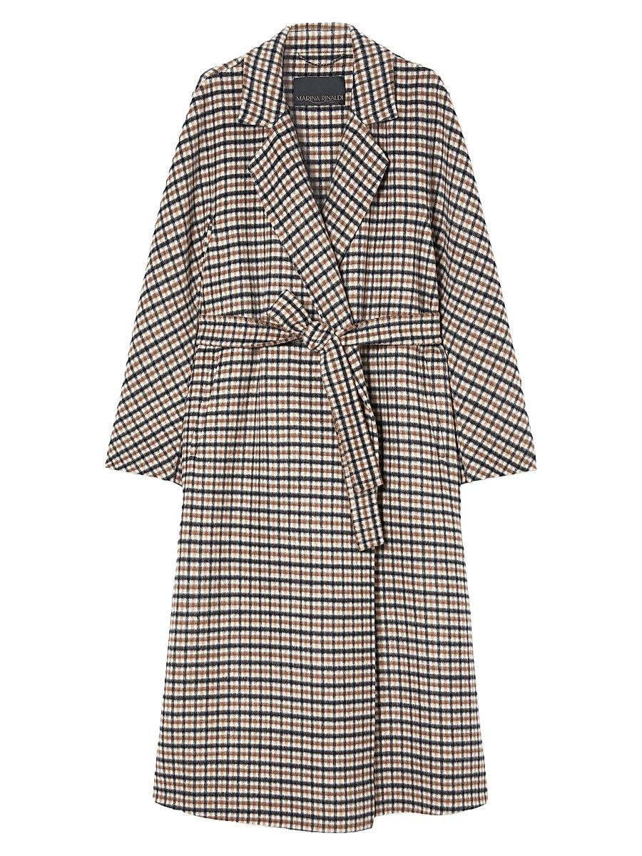 Women's Chequered Double Faced Wool Coat - Kaki Check Pattern - Size 22