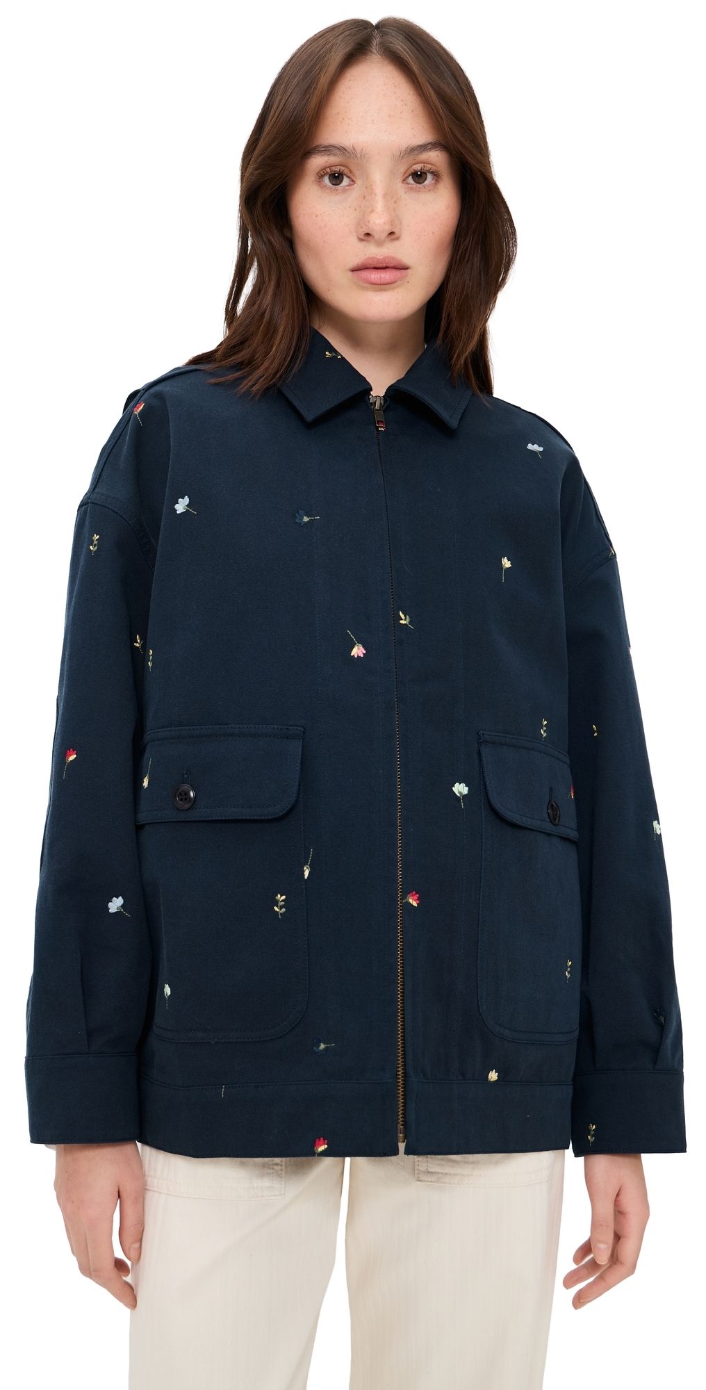 THE GREAT. The Folsom Jacket with Tossed Floral Embroidery Navy 2