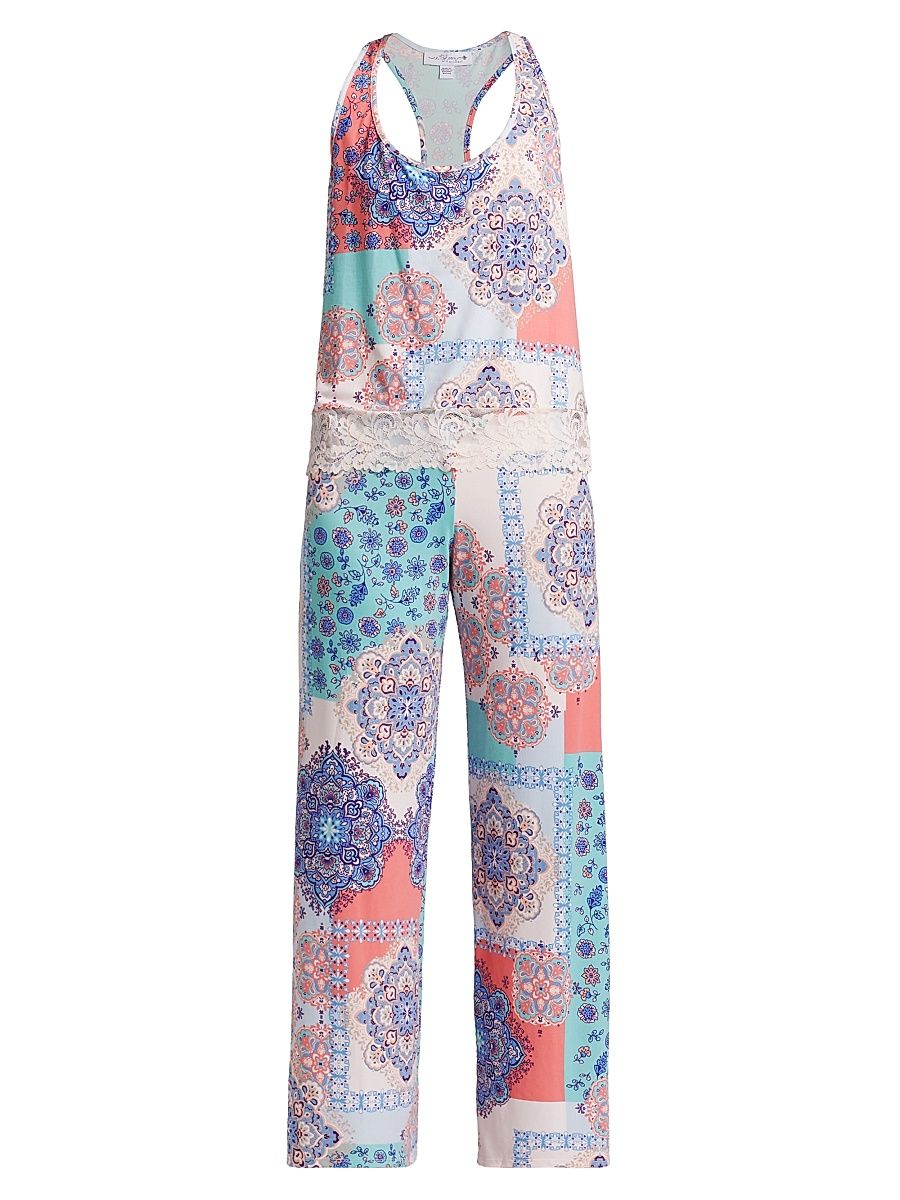 Women's Talia Lace-Trimmed Paisley Patchwork Pajamas - Peach - Size XL