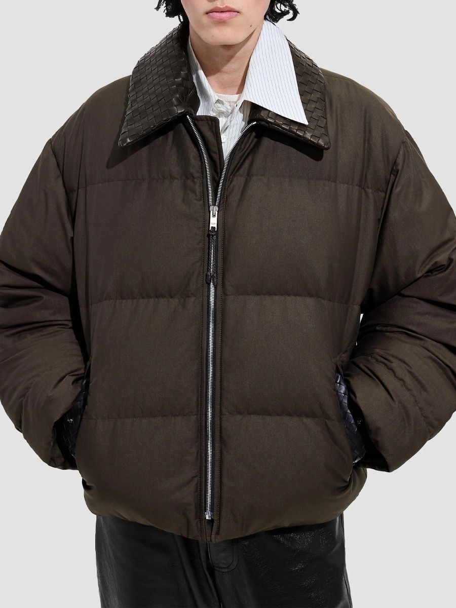Bottega Veneta Men's Inrecciato-Collar Cotton-Blend Twill Blouson Puffer Coat - Light Brown - Size 40