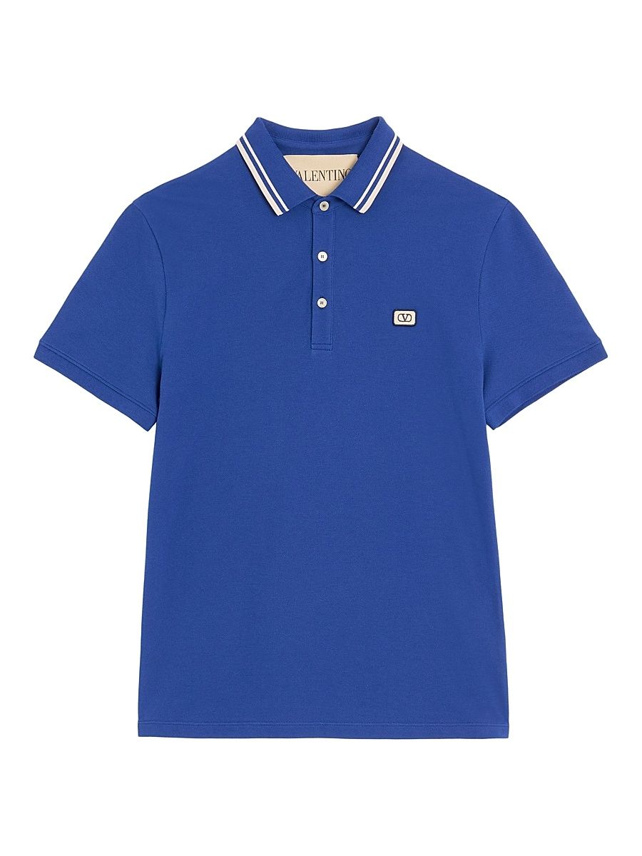 Men's Logo Patch Cotton Piqué Polo Shirt - Blue - Size Small