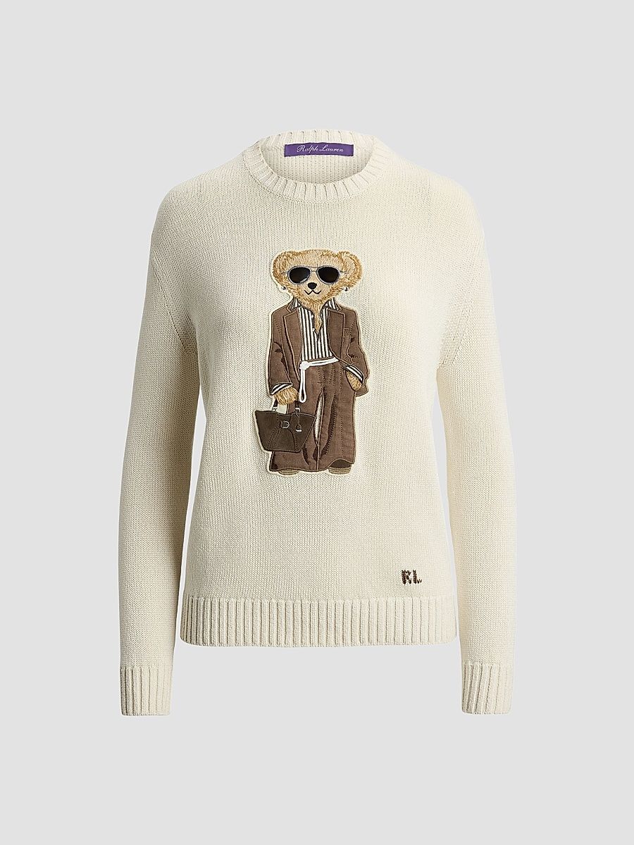 Women's Summer Polo Bear Silk Crewneck Sweater - Lux Cream - Size XS