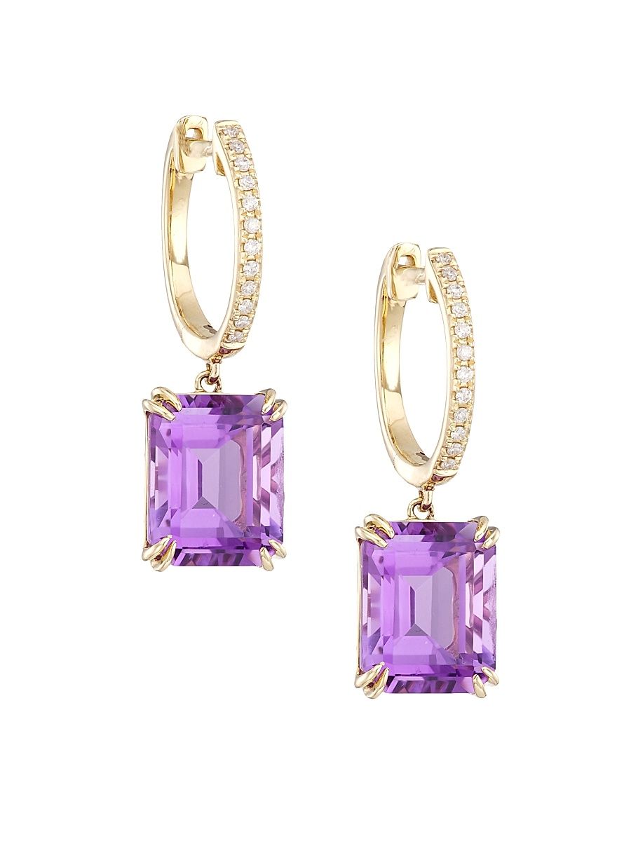 Women's 14K Gold, Diamond & Amethyst Drop Earrings - Gold