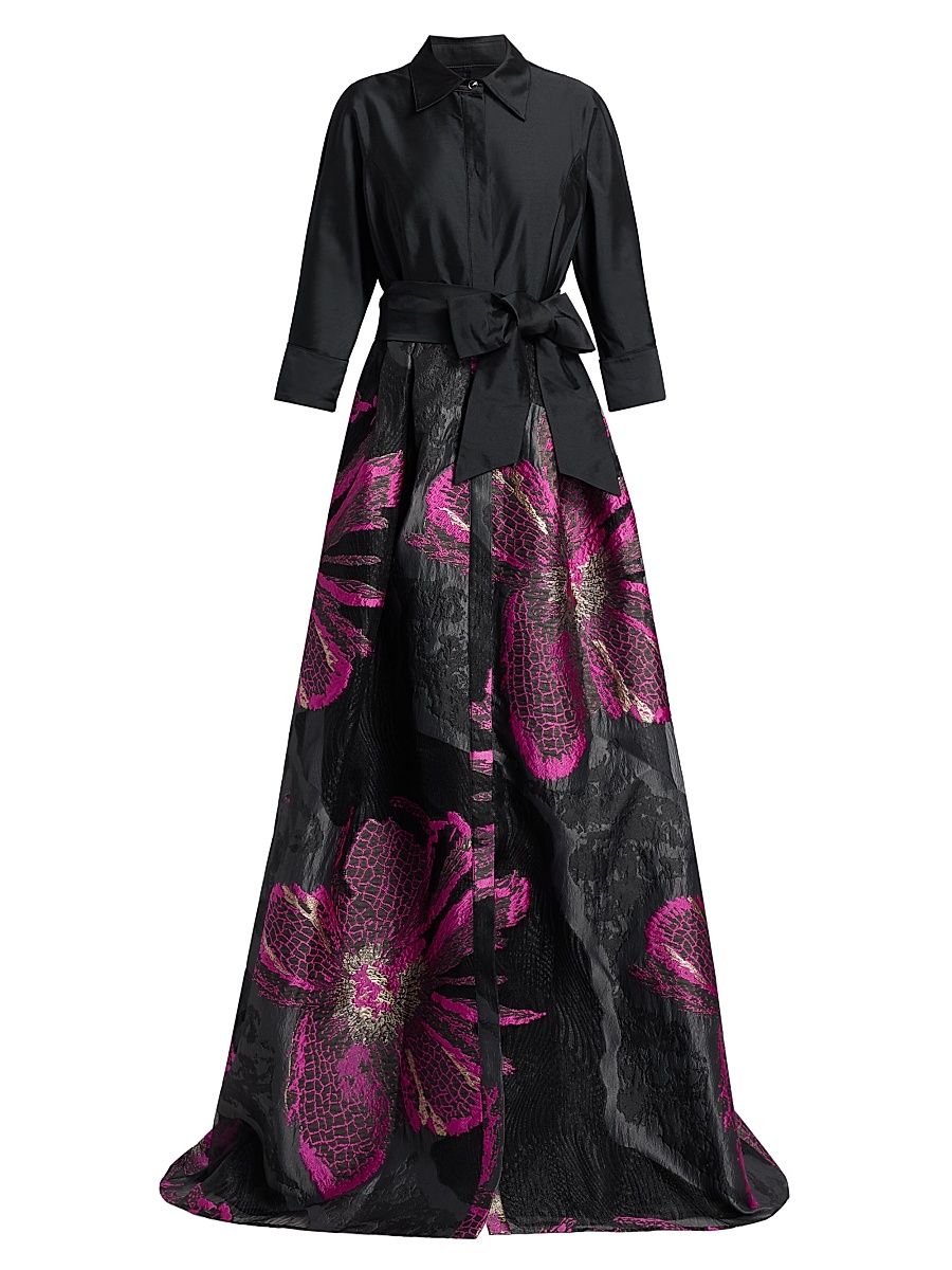 Women's Metallic Floral Jacquard Gown - Black Magenta - Size 16