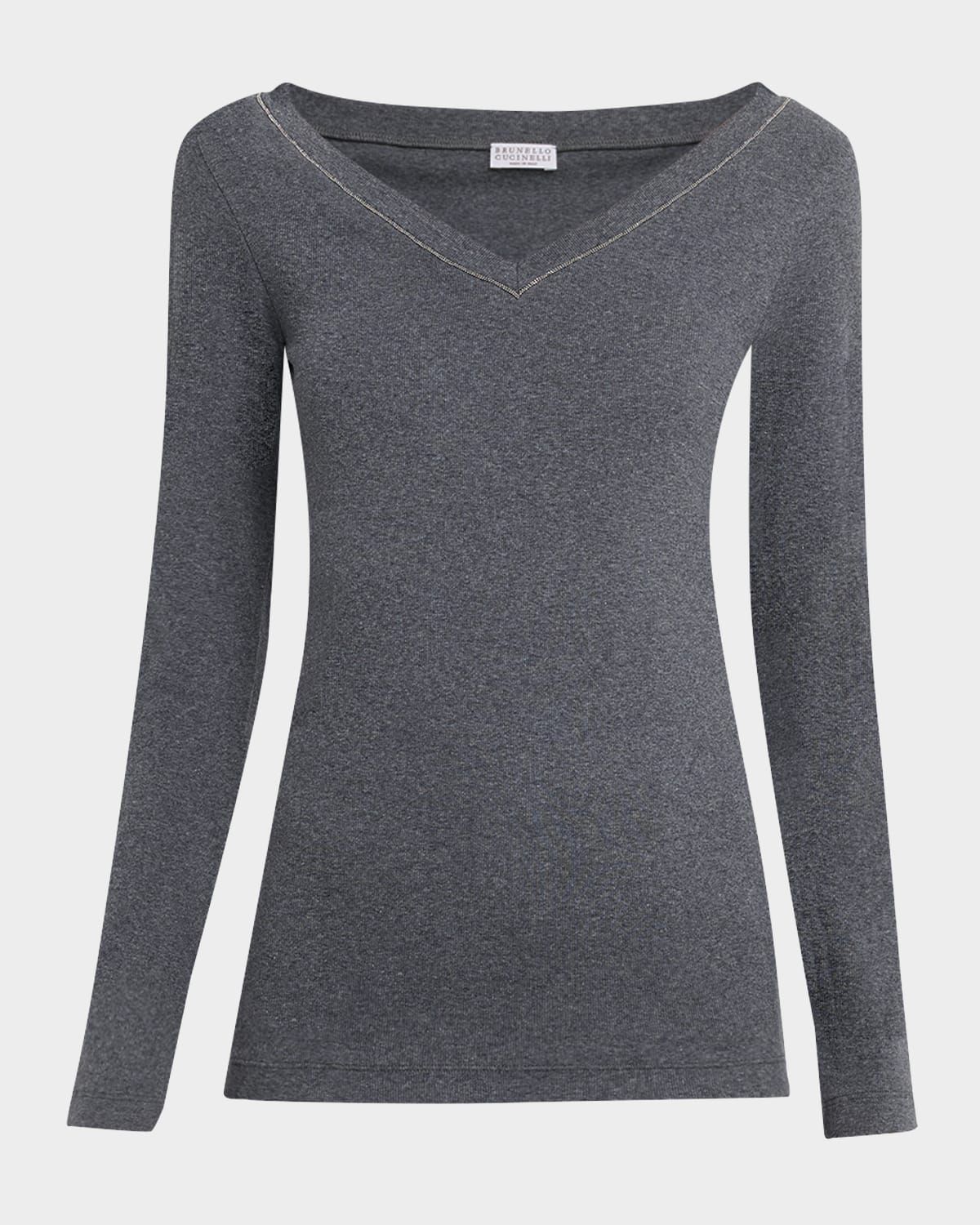 Monili V-Neck Long-Sleeve Cotton Rib Top