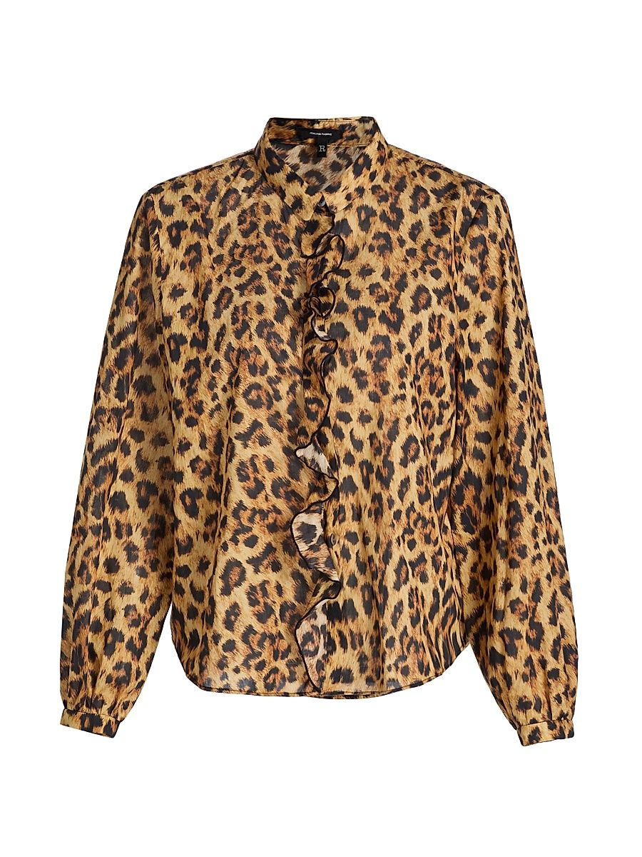 Women's Leopard-Print Ruffle-Trim Cotton Blouse - Yellow Cheetah - Size XS