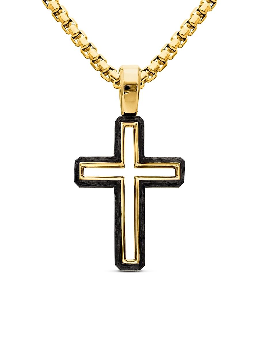 Men's Forged Carbon Cross Pendant in 18K Yellow Gold, 24mm - Forged Carbon