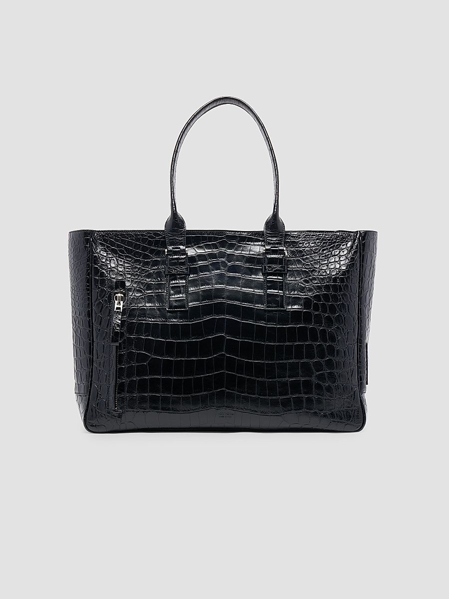 Men's Crocodile-Embossed Leather Tote Bag - Black