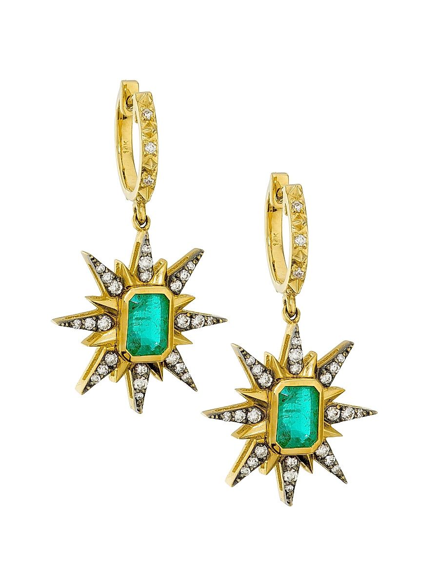 Women's Minerva 14K Yellow Gold, Emerald & 0.56 TCW Diamond Starburst Drop Earrings - Gold