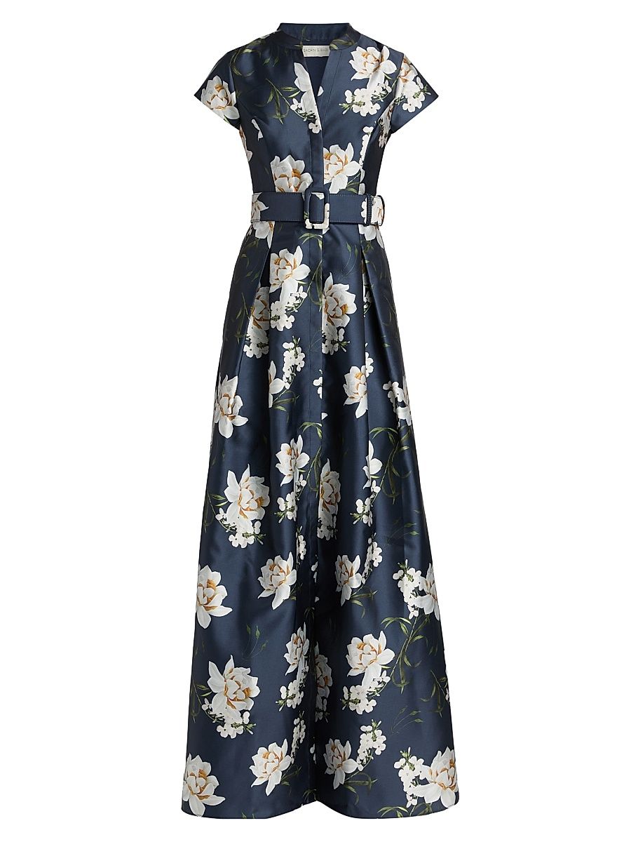 Women's Marta Floral Satin Belted Gown - Navy Narcissus - Size 0