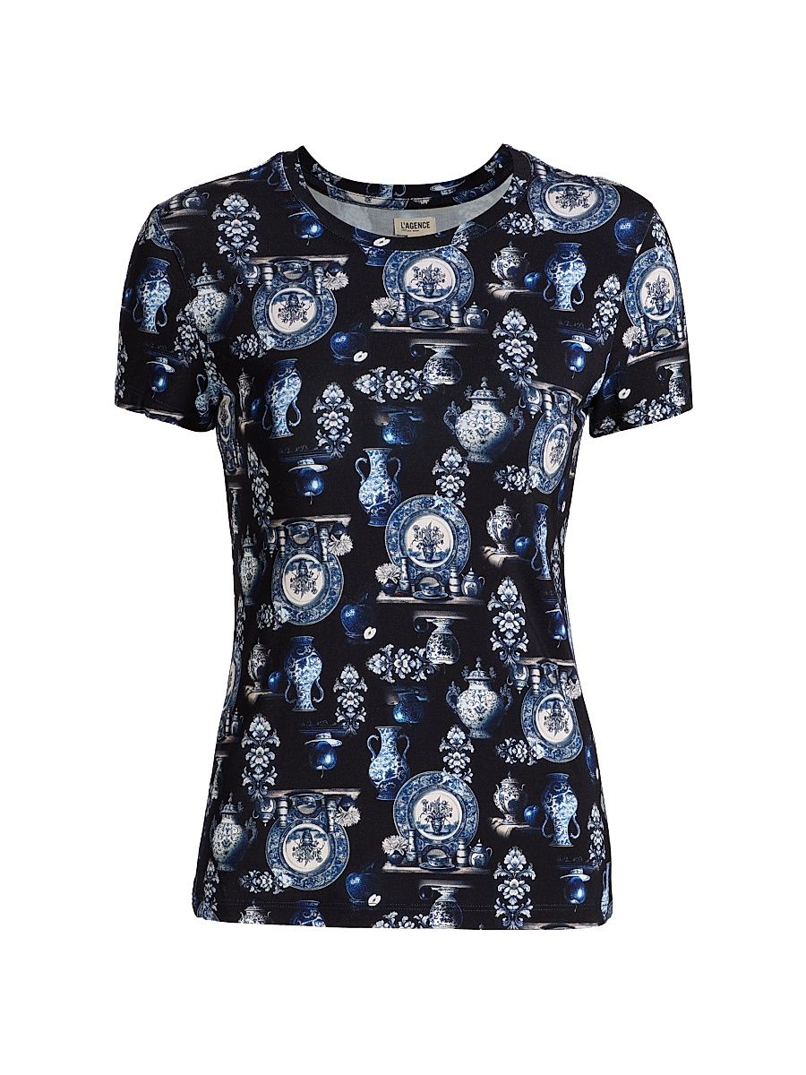 Women's Ressi Porcelain Print T-Shirt - Black Blue Porcelain - Size Small