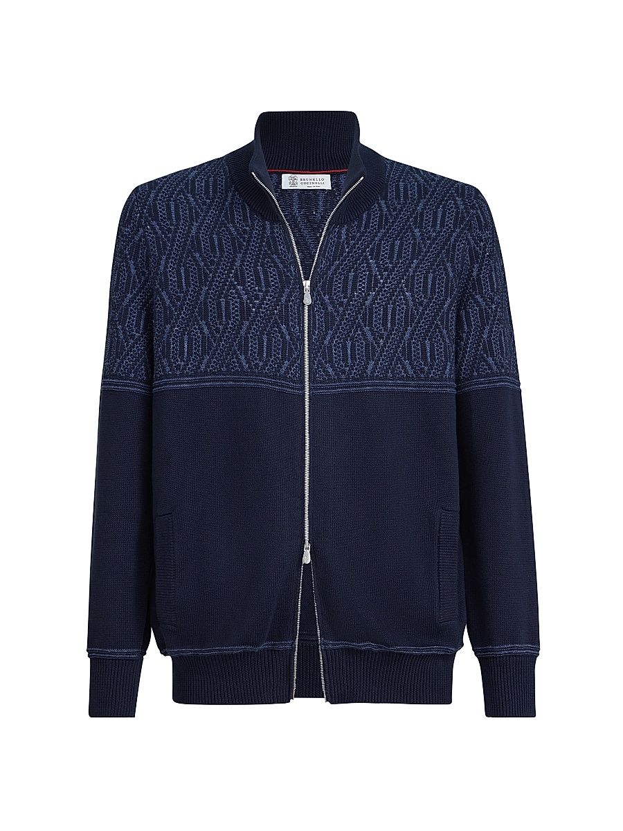 Men's Cotton Cardigan with Jacquard Cable Shoulder - Navy Blue - Size 48