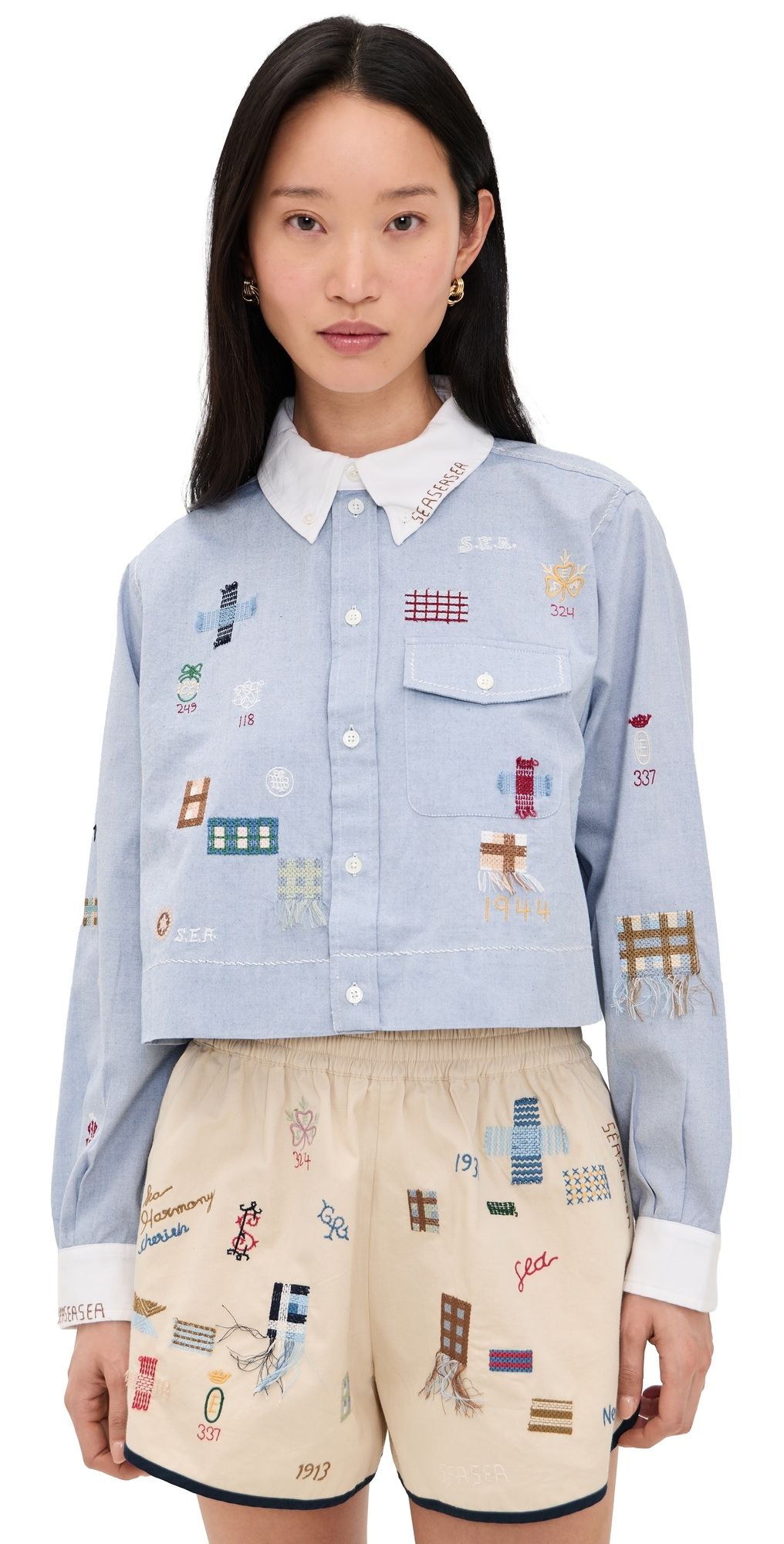Sea Claira Embroidered Button Down Shirt Blue M