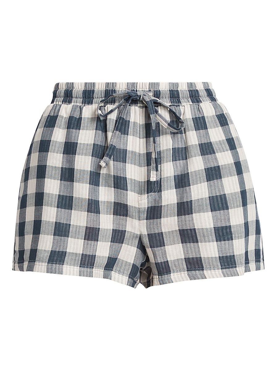 Women's Check Cotton Drawstring Shorts - Navy Plaid - Size XS