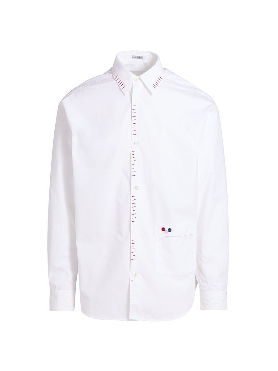 Men's Lines Embroidered Button-Front Shirt - White - Size XXL